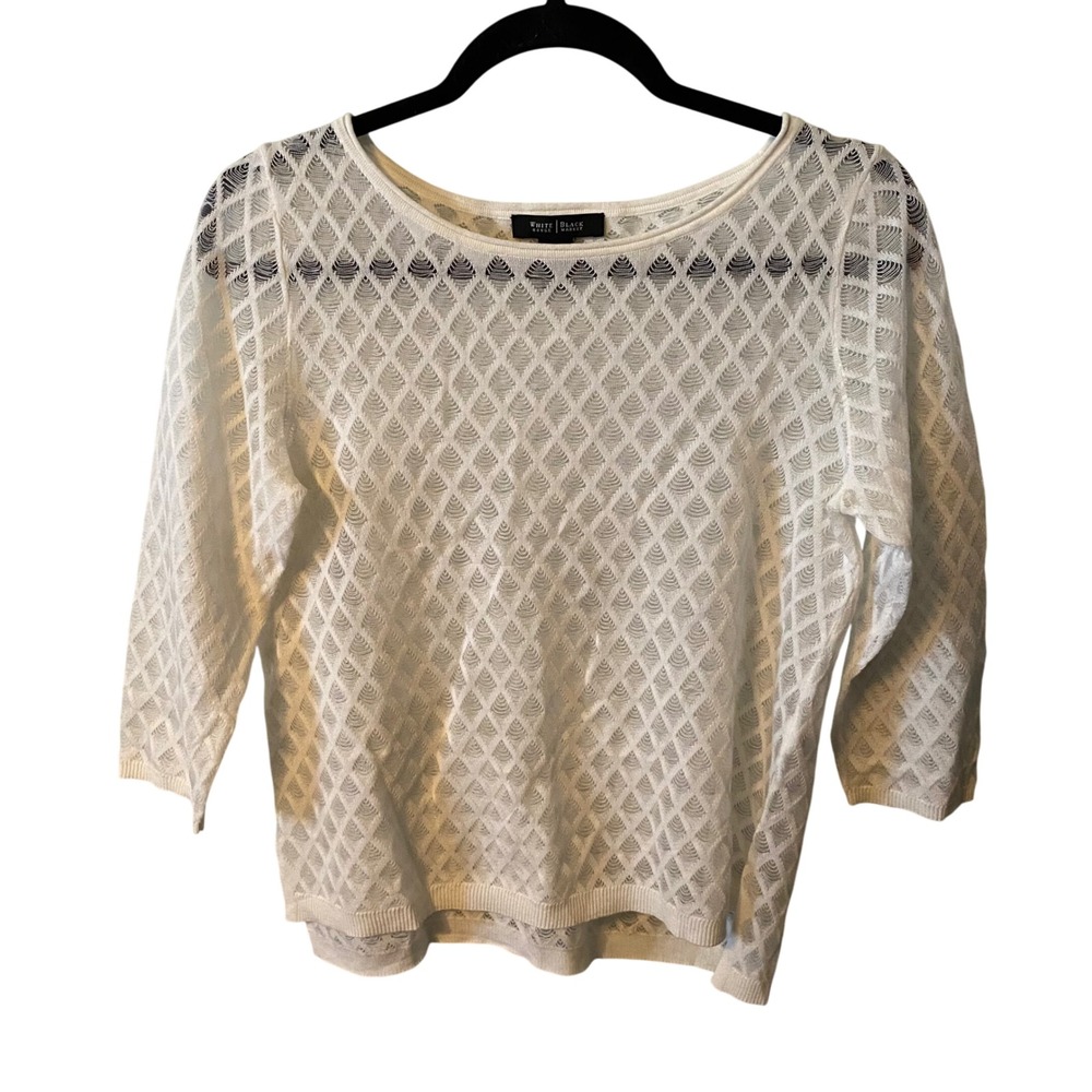 White House Black Market Sheer Diamond Knit Sweater Top 3/4 Sleeve Ivory Size S